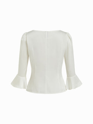 Satin Scoop Neck Ruffle Sleeve Drawstring Blouse