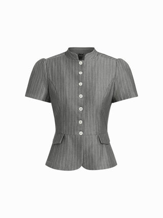 Striped Stand Collar Puff Sleeve Button Through Peplum Blouse