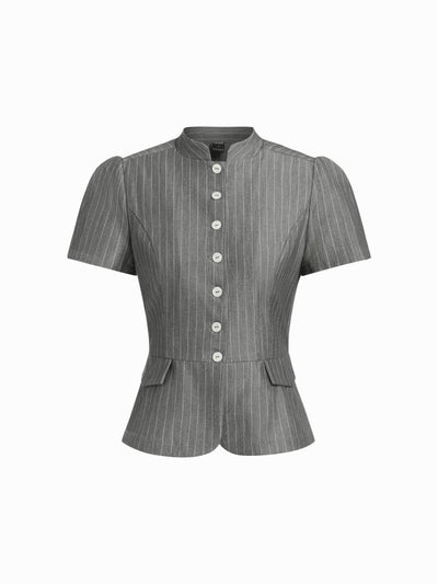 Striped Stand Collar Puff Sleeve Button Through Peplum Blouse