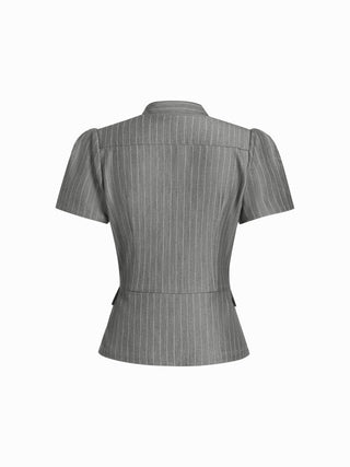Striped Stand Collar Puff Sleeve Button Through Peplum Blouse