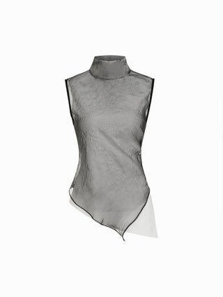 Cotton High Neck Asymmetrical Textured See-through Tank Blouse