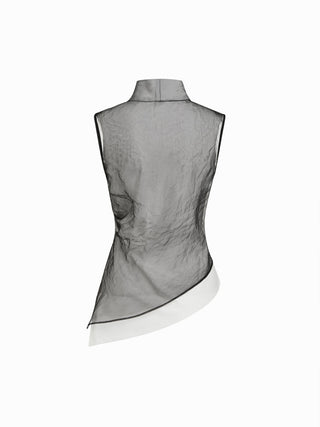 Cotton High Neck Asymmetrical Textured See-through Tank Blouse