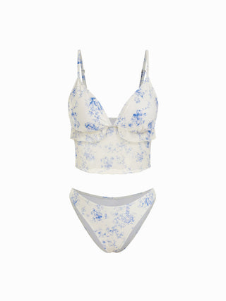 V-neck Toile de Jouy Floral Ruffle Tankini Low Rise Bikini Set
