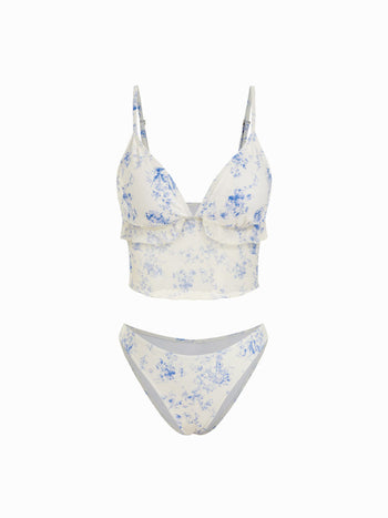V-neck Toile de Jouy Floral Ruffle Tankini Low Rise Bikini Set