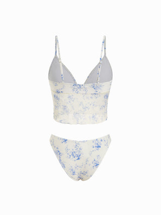 V-neck Toile de Jouy Floral Ruffle Tankini Low Rise Bikini Set