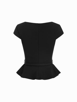 Scoop Neck Ruffled Peplum Belted Metal Detail Top