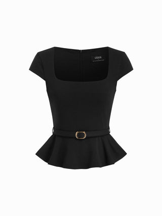 Scoop Neck Ruffled Peplum Belted Metal Detail Top