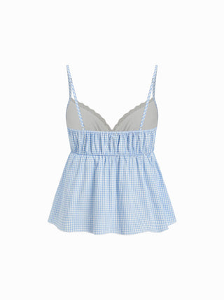 Gingham Sweetheart Lace Panel Ruffle Cami Top