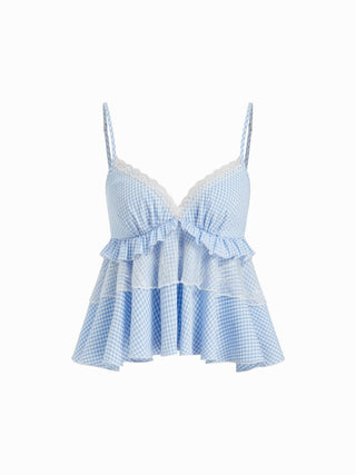 Gingham Sweetheart Lace Panel Ruffle Cami Top