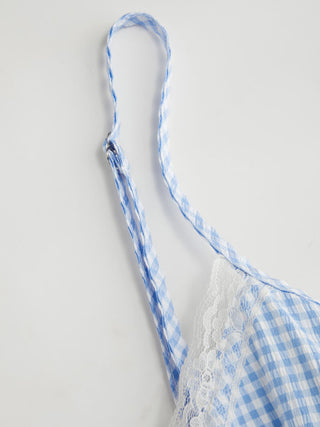 Gingham Sweetheart Lace Panel Ruffle Cami Top