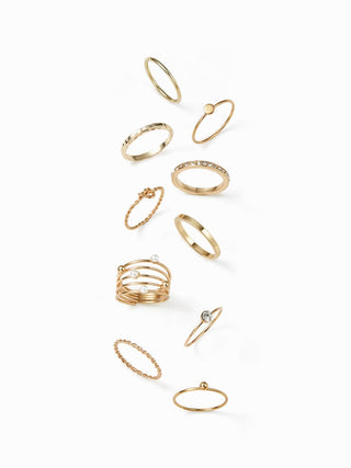 10PCS FAUX PEARL & RHINESTONE RING SET