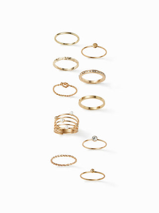 10PCS FAUX PEARL & RHINESTONE RING SET