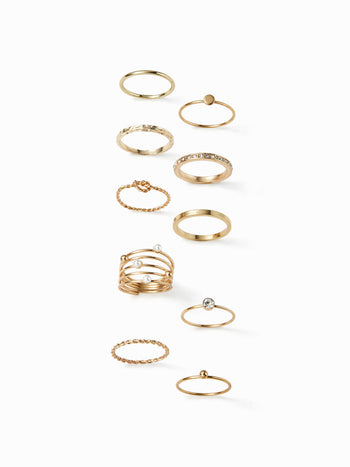 10PCS FAUX PEARL & RHINESTONE RING SET