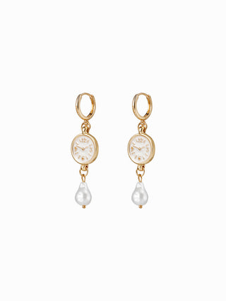 CLOCK & FAUX PEARL DROP EARRINGS
