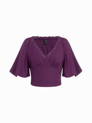 Linen-blend V-neck Lace Trim Cloak Sleeve Crop Blouse
