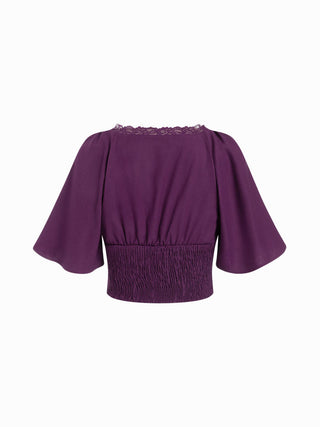 Linen-blend V-neck Lace Trim Cloak Sleeve Crop Blouse
