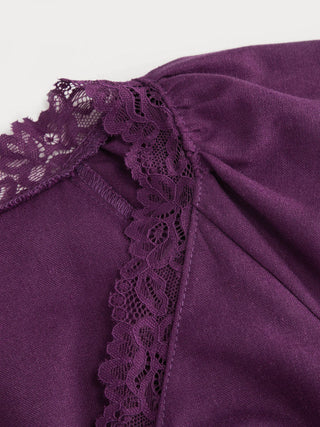 Linen-blend V-neck Lace Trim Cloak Sleeve Crop Blouse
