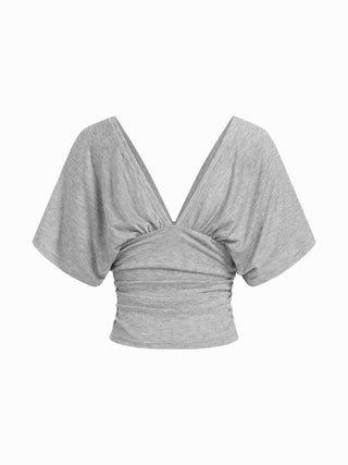 V-neck Batwing Sleeve Ruched Slim Tee