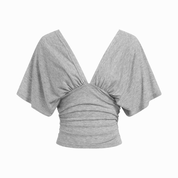 V-neck Batwing Sleeve Ruched Slim Tee