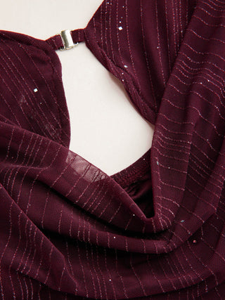 Metallic Textured Sweetheart Halter Neck Cowl Metal Detail Crop Cami Top