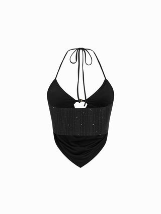 Metallic Textured Sweetheart Halter Neck Cowl Metal Detail Crop Cami Top