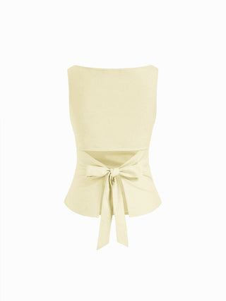 Linen-blend Boat Neckline Solid Bowknot Tank Top