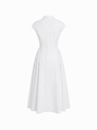 Stand Collar Tie-Neck Short Sleeve Draped Pocket Flared Maxi Dress