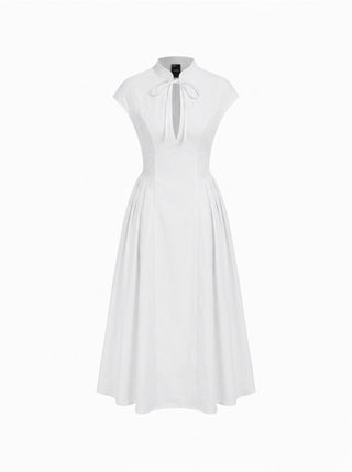 Stand Collar Tie-Neck Short Sleeve Draped Pocket Flared Maxi Dress