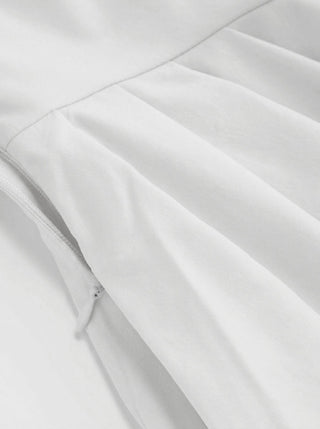 Stand Collar Tie-Neck Short Sleeve Draped Pocket Flared Maxi Dress