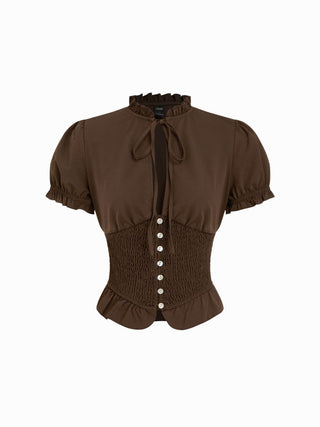 Frilled Stand Collar Tie Neck Puff Sleeve Shirred Ruffle Hem Blouse