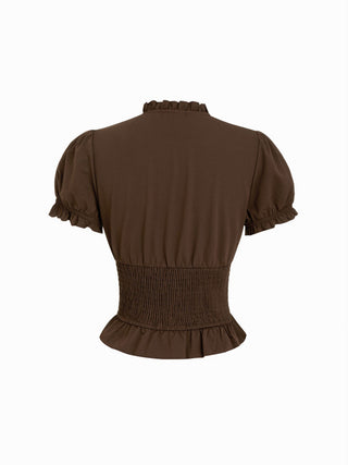 Frilled Stand Collar Tie Neck Puff Sleeve Shirred Ruffle Hem Blouse