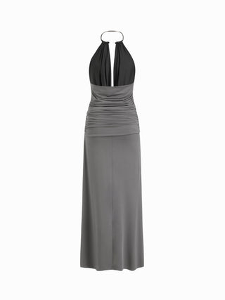 Halter Neckline Ruched Metal Detail Draped Maxi Bardot Dress