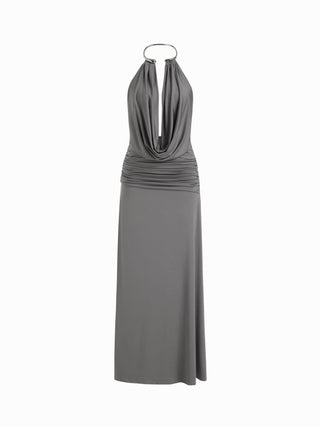 Halter Neckline Ruched Metal Detail Draped Maxi Bardot Dress