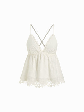 Cotton Broderie Anglaise V-neck Scallop Lace Trim Cami Top