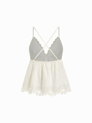 Cotton Broderie Anglaise V-neck Scallop Lace Trim Cami Top