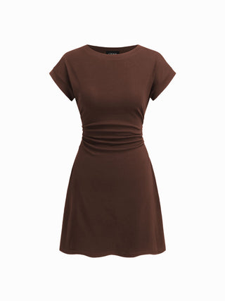 Cotton-blend Round Neckline Ruched Mini Dress