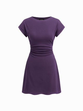 Cotton-blend Round Neckline Ruched Mini Dress