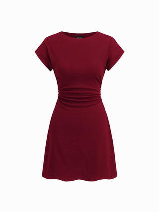 Cotton-blend Round Neckline Ruched Mini Dress