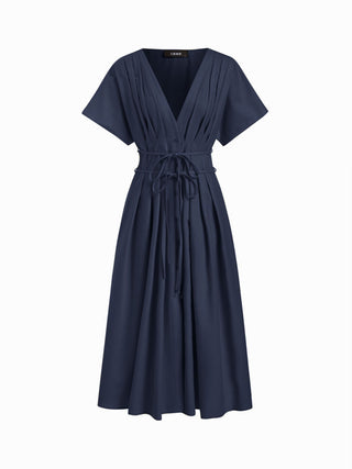 Linen-blend V-neck Pleated Knotted A-line Maxi Dress