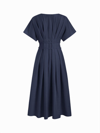 Linen-blend V-neck Pleated Knotted A-line Maxi Dress