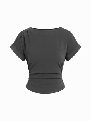 Cotton-blend Boat Neck Ruched Short Sleeve Tee