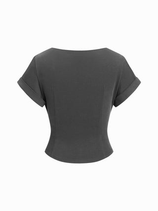 Cotton-blend Boat Neck Ruched Short Sleeve Tee