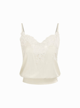 Satin V-neck Floral Lace Trim Cami Blouse