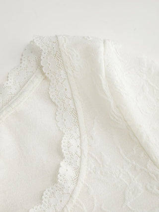 Jacquard Floral Scoop Neck Lace Trim Long Sleeve Top