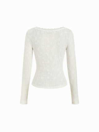 Jacquard Floral Scoop Neck Lace Trim Long Sleeve Top