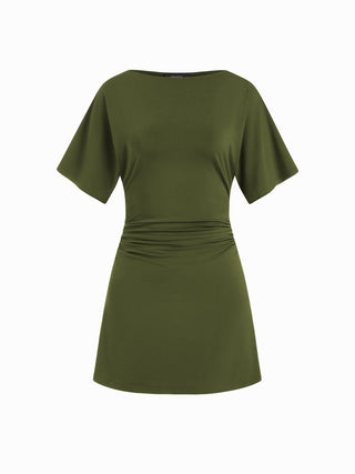 Boat Neck Short Sleeve Ruched A-line Mini Dress