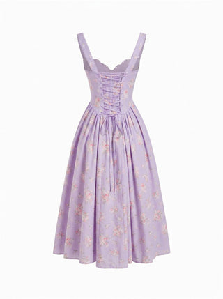 Cotton-blend Floral Sweetheart Neck Ruched Flared Midi Dress