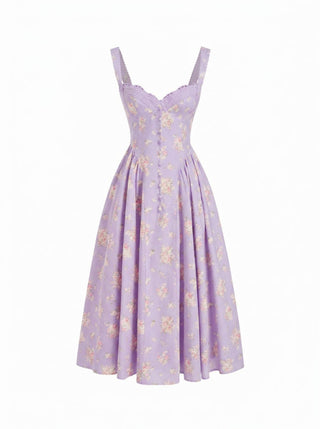 Cotton-blend Floral Sweetheart Neck Ruched Flared Midi Dress
