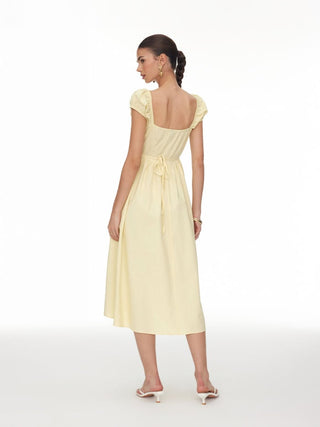 Linen-blend Square Neck Short Sleeve Lace Panel Flared Midi Dress