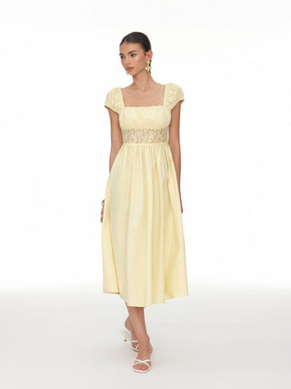 Linen-blend Square Neck Short Sleeve Lace Panel Flared Midi Dress